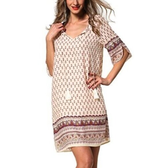 aranee Dresses & Skirts - Aranee Summer Boho Tunic Dress Size Medium Colorful Shift Tasseled Tie Neck New